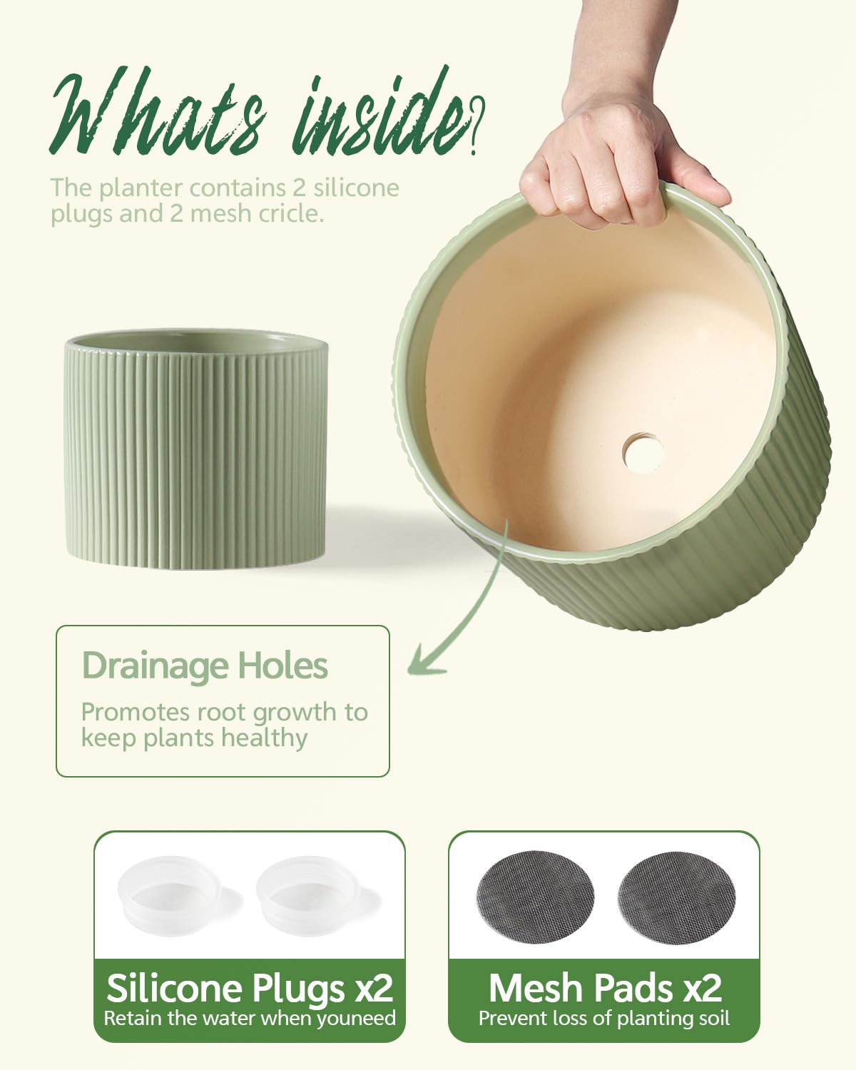 Swkien Ceramic Plant Pots, 8.1 + 6 Inch Planters for Indoor Plants, Modern Flower Pot for Plant with Drainage, Medium Cylinder Flower Pots for Indoor/Outdoor, House Plants, Matte Green