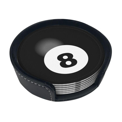BOXIMIAO Drink Coasters with Holder Stand Set of 6, Billiard Ball Black 8 Pu Leather Absorbent Coasters with Cork Base Table Coaster Round Coasters for Housewarming Apartment Kitchen Bar Decor