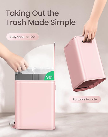 Cesun Small Bathroom Trash Can with Lid Soft Close, Step Pedal, 5 Liter / 1.3 Gallon Stainless Steel Garbage Can with Removable Inner Bucket, Waste Basket for Bathroom, Bedroom (Pink)