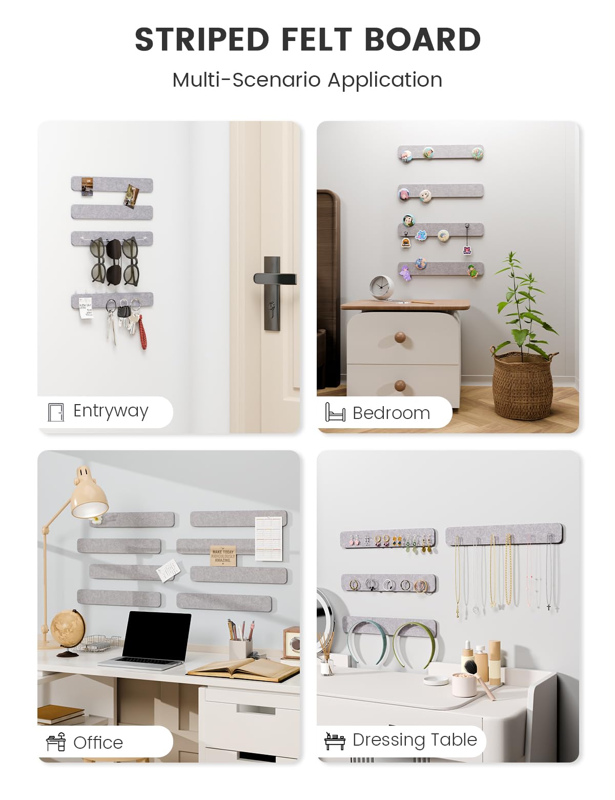 Fluxynara Cork Board Alternative Felt Strip Board 8-Pack 13"x2", Office Pin Board with 50 Push Pins, Adhesive Install for Bedroom Door & Home Office (Soft Gray)