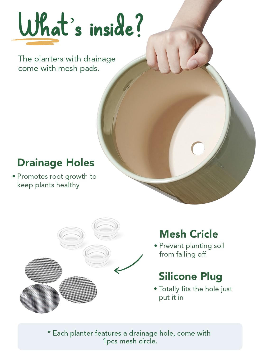 LE TAUCI Ceramic Pots for Plants, 10/8/6 Inch Indoor Planters with Draiange Hole, Silicone Plug & Mesh Pad, Modern Minimalist Pots for Home Office, Set of 3, Glossy, Sage Green