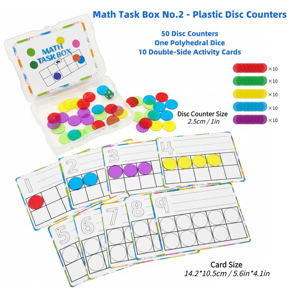 Math Task Boxes Set of 5 Math Manipulatives Themes 230+ Pieces of Number Rods, Base Ten Blocks, Ten Frame Disc Counters, Place Value Blocks, 0-9 Numbers, 3D Shapes, Counting Blocks Activity Cards