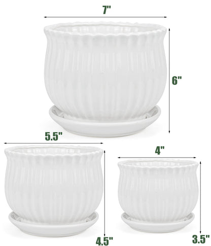 Yesland Ceramic Flower Plant Pots with Saucer, Set of 3 in Different Sizes, Modern Round Ceramic Succulent Planter Pots with White Stripe Texture for Garden