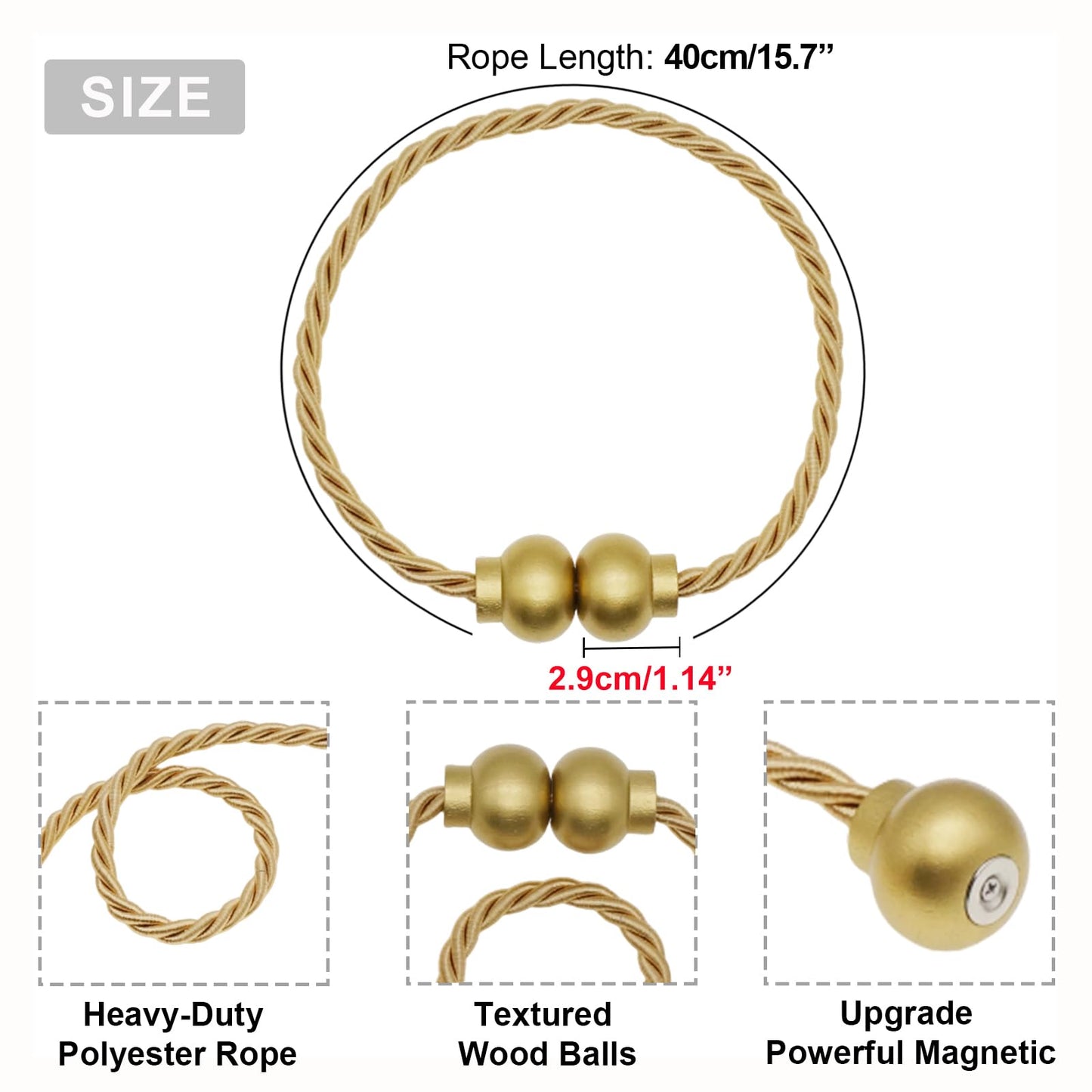 HIASTRA 4 Pack Magnetic Curtain Tiebacks Modern Handmade Rope Curtain Tie Backs Decorative Drapes Weave Holdbacks for Home Outdoor Bedroom Office Decorative Curtain, Gold
