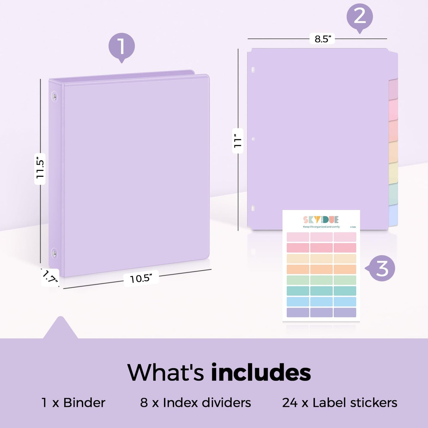 SKYDUE 1 Inch 3 Ring Binder with 8 Tab Dividers & 24 Labels, Pastel Binder Organizer for Letter Size Paper, Aesthetic School Binder for Notes, Documents, Office & Home Organization, Purple