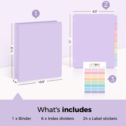 SKYDUE 1 Inch 3 Ring Binder with 8 Tab Dividers & 24 Labels, Pastel Binder Organizer for Letter Size Paper, Aesthetic School Binder for Notes, Documents, Office & Home Organization, Purple