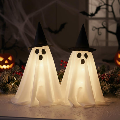 VioraWhite 2 Pack 18.8Inch Lighted Halloween Decoration Indoor Ghost Witch Hat with Lights Spooky Halloween Party Decoration Scary Glowing Ghost Kit for Mantel Shelf Table Fireplace Home Room Kitchen