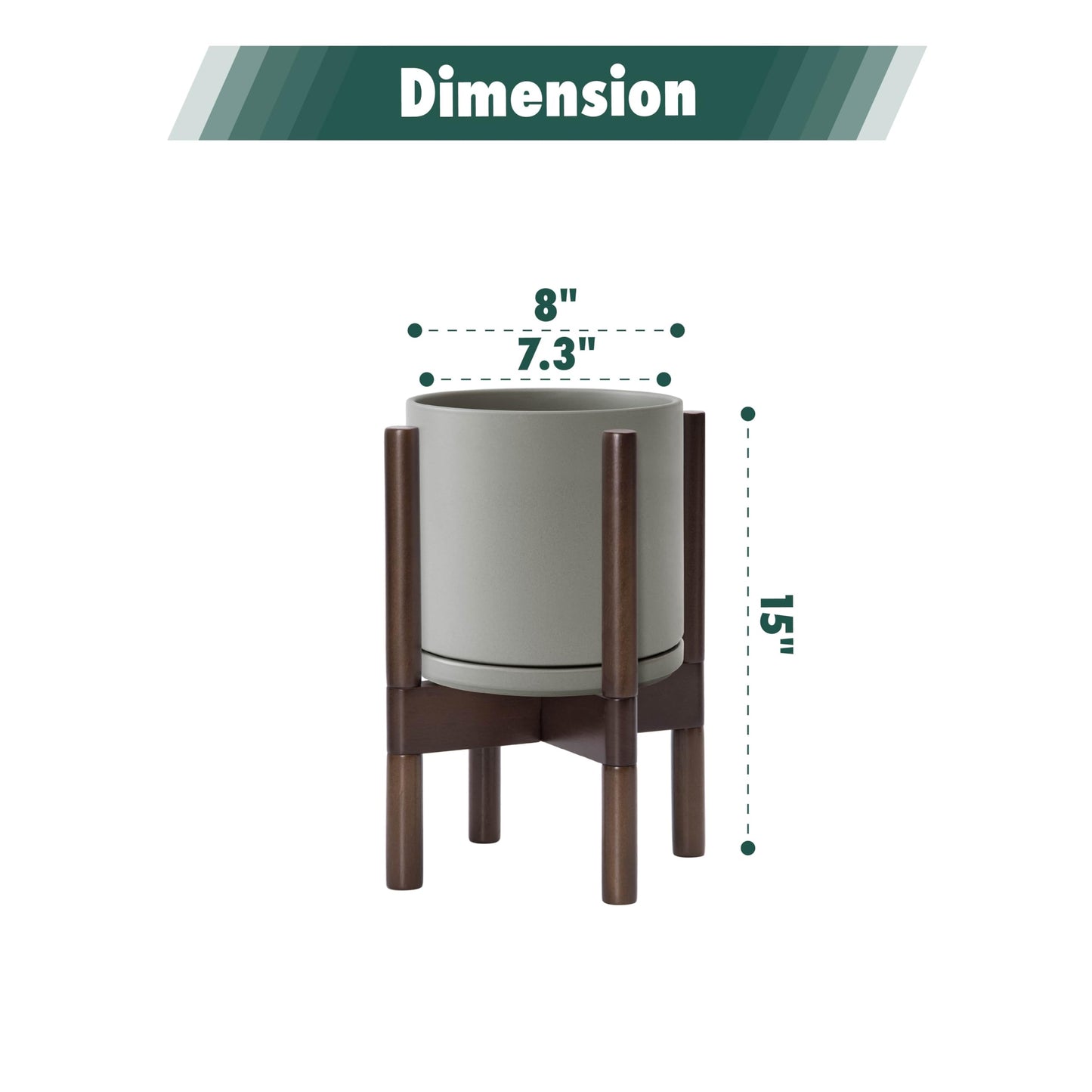 D'vine Dev Ceramic Planter with Walnut Color Stand - 8 Inch Modern Round Flower Pot with Wood Planter Holder, Grey, 55-B-Y-3