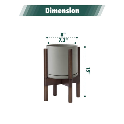 D'vine Dev Ceramic Planter with Walnut Color Stand - 8 Inch Modern Round Flower Pot with Wood Planter Holder, Grey, 55-B-Y-3