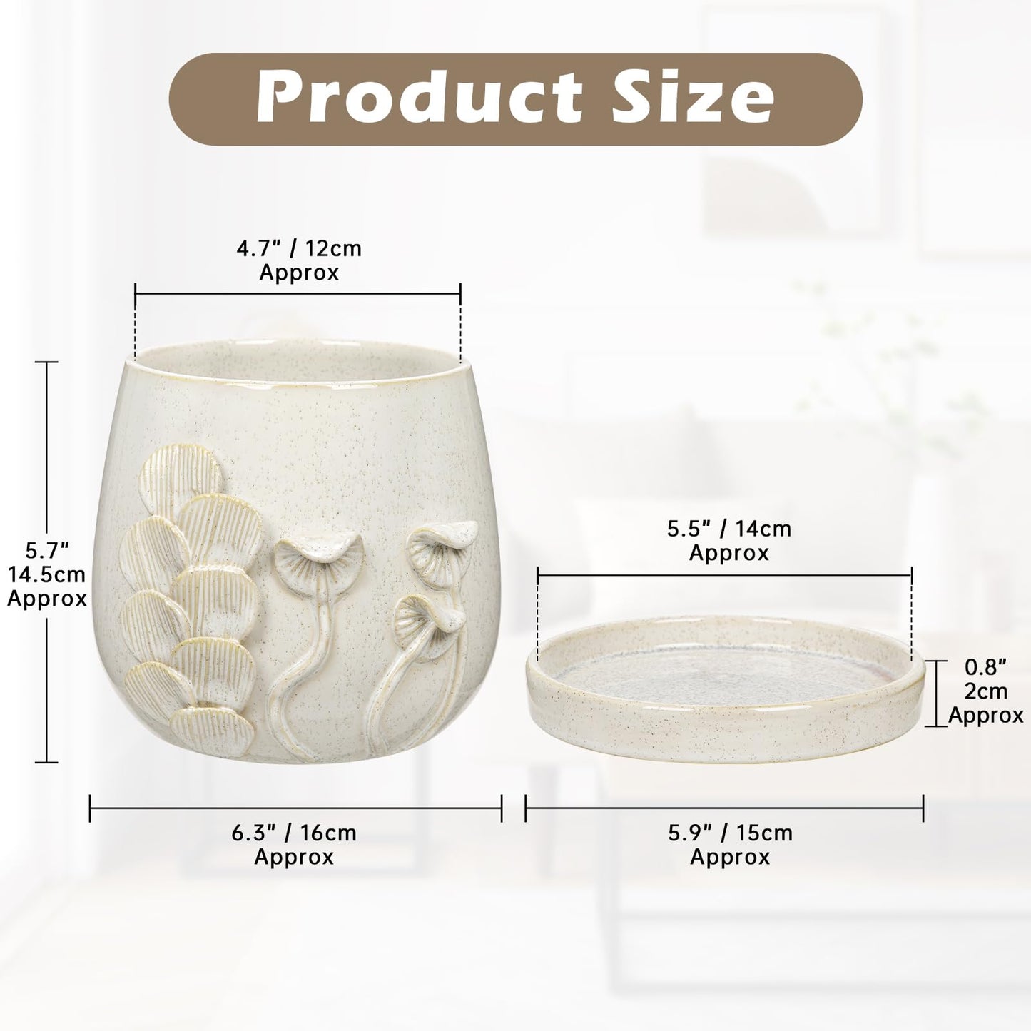 6 Inch Ceramic Plant Pot with Mushroom Gill Pattern Texture, Modern Glaze Planter with Saucer & Drainage Hole, Decorative Flower Pot for Indoor Outdoor Succulents, Herbs & Small Plants, Ivory White