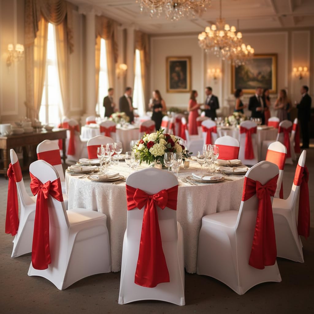 iEventStar Satin Chair Sashes Chair Bow Bows Tie Back for Wedding Banquet Party Decoration (10, Red)