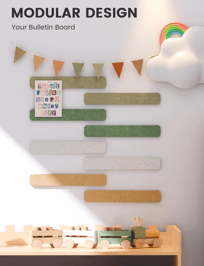 Fluxynara Cork Board Alternative Felt Strip Board 8-Pack 13"x2", Office Pin Board with 50 Push Pins, Adhesive Install for Bedroom Door & Home Office (Olive Grove)