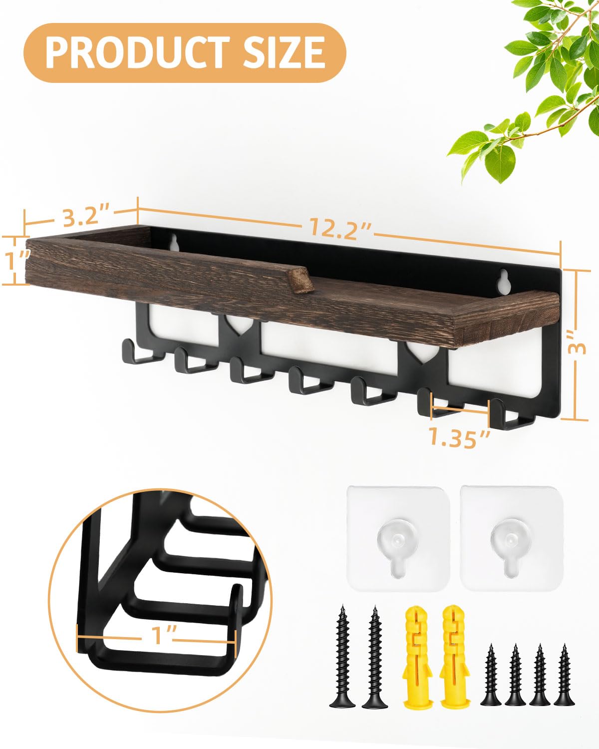 lucdnc Key Holder for Wall with Tray,Decorative 7 Metal Hooks and Paulownia Wood Shelf,Entryway Organizer for Mail,Keys,Sunglasses -Wall Mounted Key Hooks for Office Home Decor Key Rack