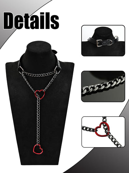 SIROLISA Handmade Black Heart Choker Collar for Women, Punk Gothic Vegan Leather Slip Chain Necklace with Adjustable Buckle, O-Ring Y-Necklace Jewelry for Goth Alternative Aesthetic Costumes