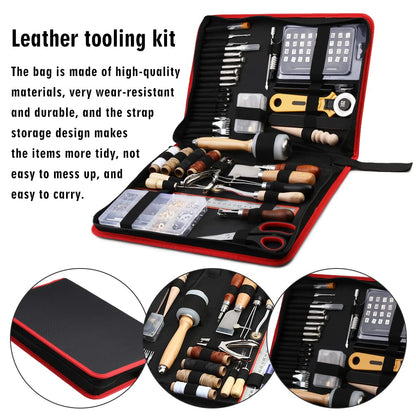 TLKKUE Leather Working Kit - Beginner's Leather Crafting Tool with Storage Bag, Leatherworking Tooling Kit for Sewing, Carving, Punching, Cutting, Stamping Tools