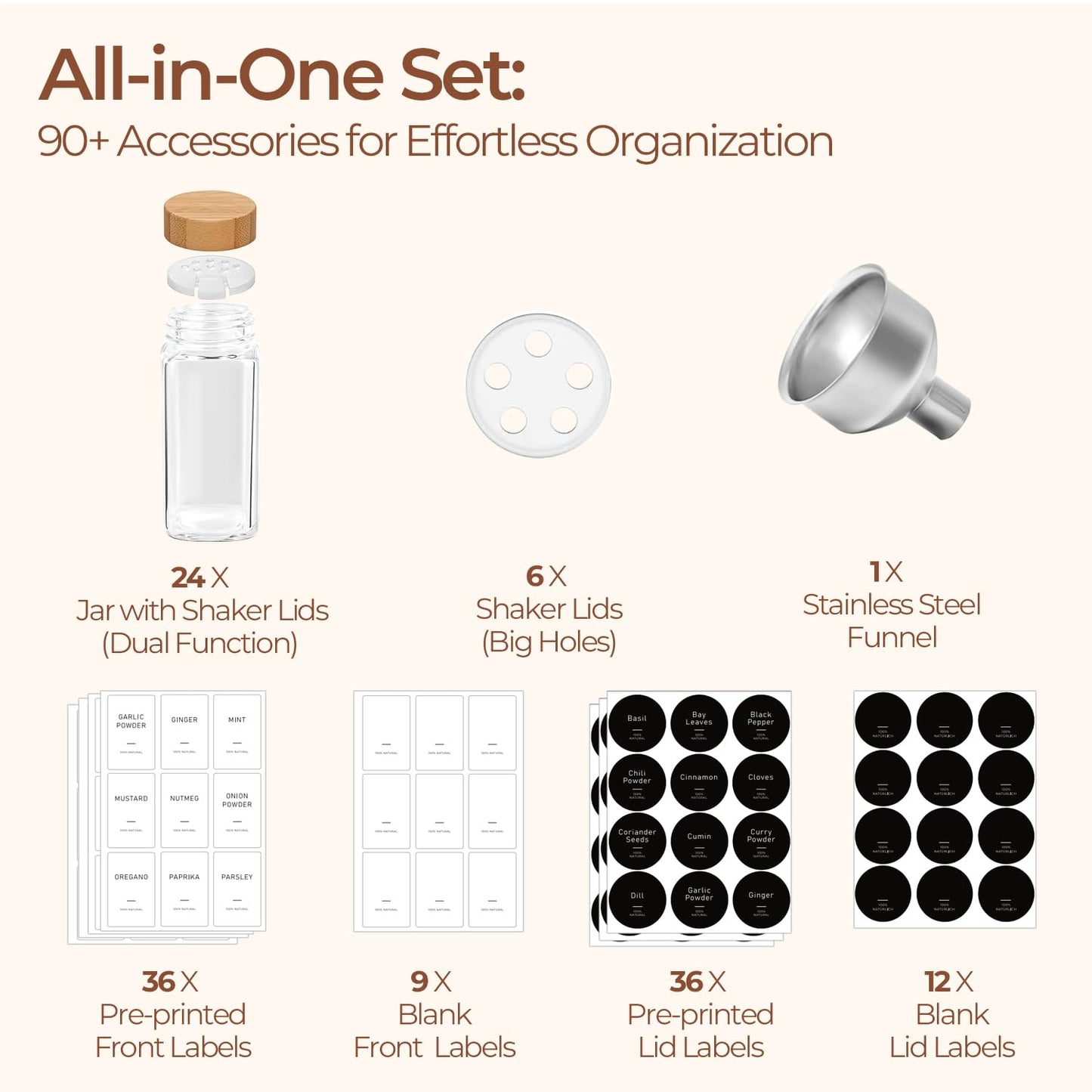 ComSaf Aesthetic Minimalist Spice Jars Set, 4 oz 24Pcs Glass Spice Containers with Labels, Bamboo Lids, 6 Extra Shaker Inserts, 93 Labels, Metal Funnel, Square Jars for Pantry Organization