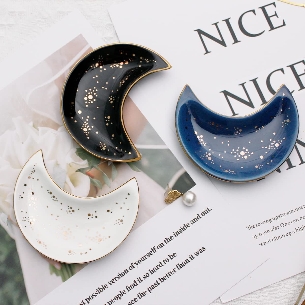 Soddeph Small Moon Ceramic Jewelry Tray, Decorative Trinket Dish, Ring Holder Plate, Modern Accent Tray for Bathroom, Nightstand, Entryway Table, Vanity (2, Blue)