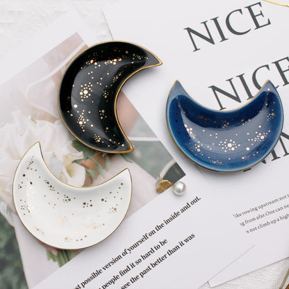 Soddeph Small Moon Ceramic Jewelry Tray, Decorative Trinket Dish, Ring Holder Plate, Modern Accent Tray for Bathroom, Nightstand, Entryway Table, Vanity (2, Blue)