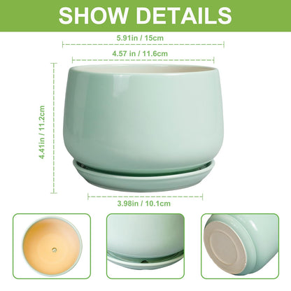 G EPGardening Ceramic Plant Pots - 6 Inch Pot for Plants, Ceramic Planter with Drainage and Saucer, Flower Indoor Outdoor Planter, Modern Bathroom Decor, Birthday Gifts, Green