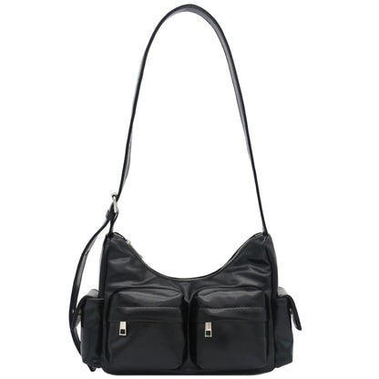 FashionPuzzle Glossy PU Leather Multi Pocket Shoulder Bag Hobo (Black)