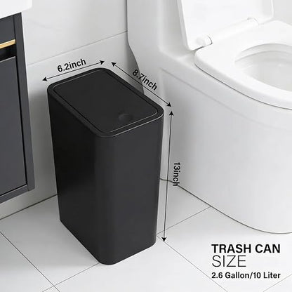 Compact Push-in Trash Can with Lid for Bathrooms, Kitchens, Living Rooms, Offices, Etc., Trash Can with Pop-Up Lid, 10 Liter/2.6 Gallon Slimline (Black)