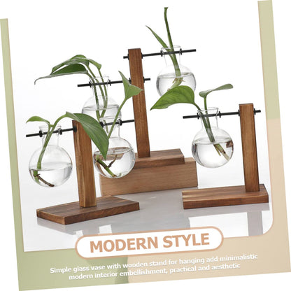 Hemoton 2pcs Hydroponic Glass Vase Wooden Base Stand Modern Plant Terrarium Tabletop Vase for Indoor Gardening Stylish