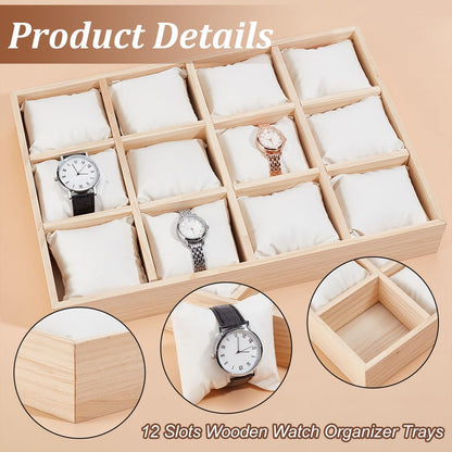 PH PandaHall 12 Slot Wooden Watch Organizer Tray Display Holder with Removable PU Leather Pillows, Stackable Jewelry Bracelet Storage Tray for Drawer Watch Display Showcase, White