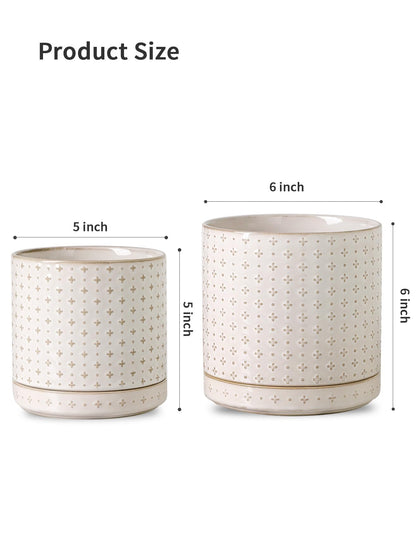 Plant Pots, 5+6 inch Planters Set of 2, Ceramic Pot for Indoor Plants with Drainage Hole and Saucer, Small Flower Pot for Succulent, White