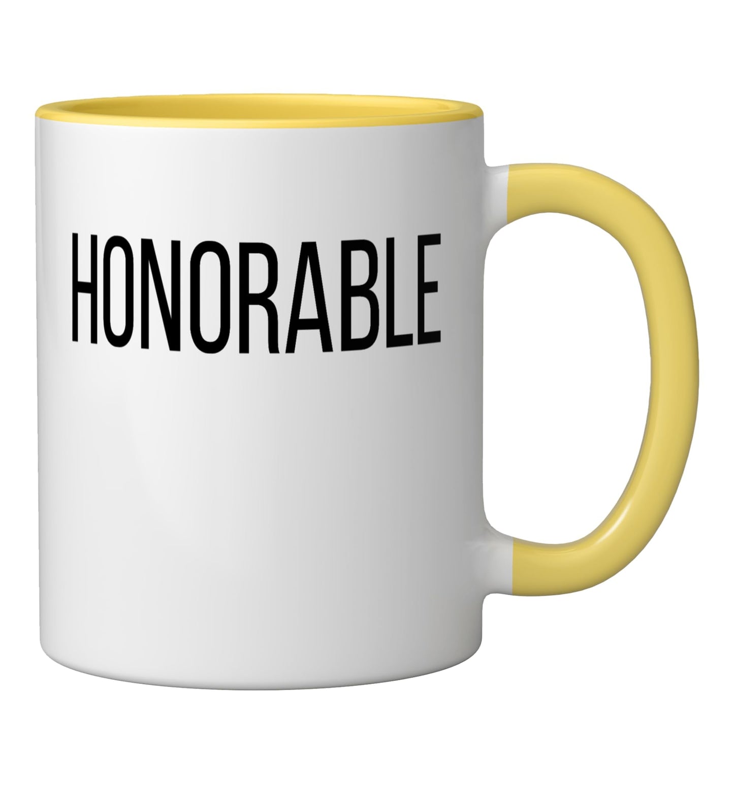 Honorable Single Word Adjective Simple Halloween Costume Ceramic Mug, Yellow/White