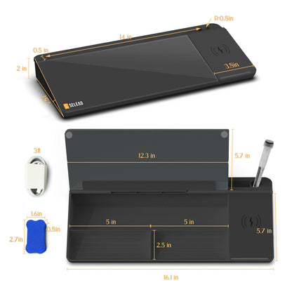 SELEAD Desktop Glass Whiteboard with Wireless Charger Station, Dry Erase Board Computer Pad Keyboard Stand with Organizer for Home, School, Office Desk Accessories, Black