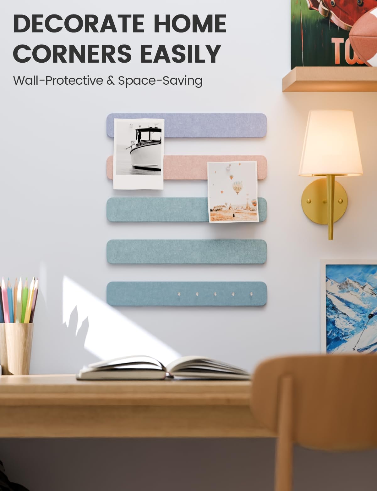 Fluxynara Cork Board Alternative Felt Strip Board 5-Pack 13"x2", Office Pin Board with 35 Push Pins, Adhesive Install for Bedroom Door & Home Office (Coastal Haze)