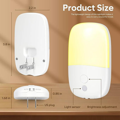 LED Night Light Plug into Wall, 2 Pack Dimmable Night Lights with Dusk to Dawn Sensor & Retractable Plug & 3 Adjustable Brightness, 3000K Warm Nightlight for Adults/Kids/Bedroom/Stair/Hallway/Kitchen