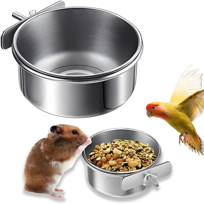 Parrot Feeding Cups Stainless Steel Bird Cage Feeder & Water Bowl - Chew-Proof Food Bowls with Clamp Holder for Parrot, Cockatiel, Conure, Budgie, Macaw, and Small Animals (S-1Pc)
