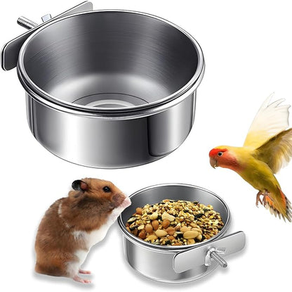 Parrot Feeding Cups Stainless Steel Bird Cage Feeder & Water Bowl - Chew-Proof Food Bowls with Clamp Holder for Parrot, Cockatiel, Conure, Budgie, Macaw, and Small Animals (S-1Pc)