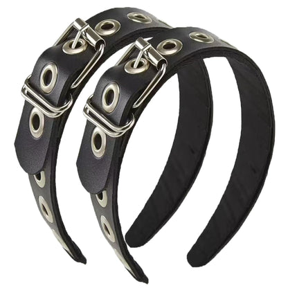 BaBakiak Gothic Punk Style Metal Buckle Headband for Women, Belt design Black Leather Headband, 2-Piece Set Hair Accessories