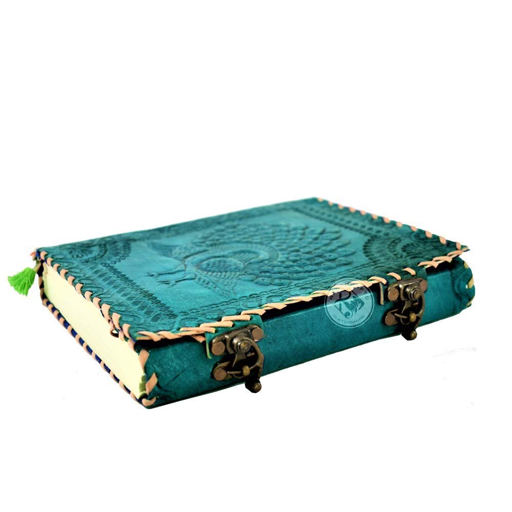 RAQI CRAFTS Premium Vintage Handmade Leather Journal Emboss Celtic Dancing Peacock. Notebook Sketchbook Spells Book Travel Diary Gift Man Woman 8x6in Turquoise