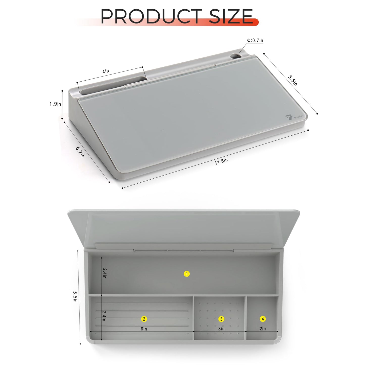 TOWON Small Compact Glass Desktop Whiteboard with Storage – 12 x 7 in Dry Erase Board for Desk, Home Office, School | Includes 5 Markers, Eraser & Holder | Space-Saving Organizer, Aesthetic Gray