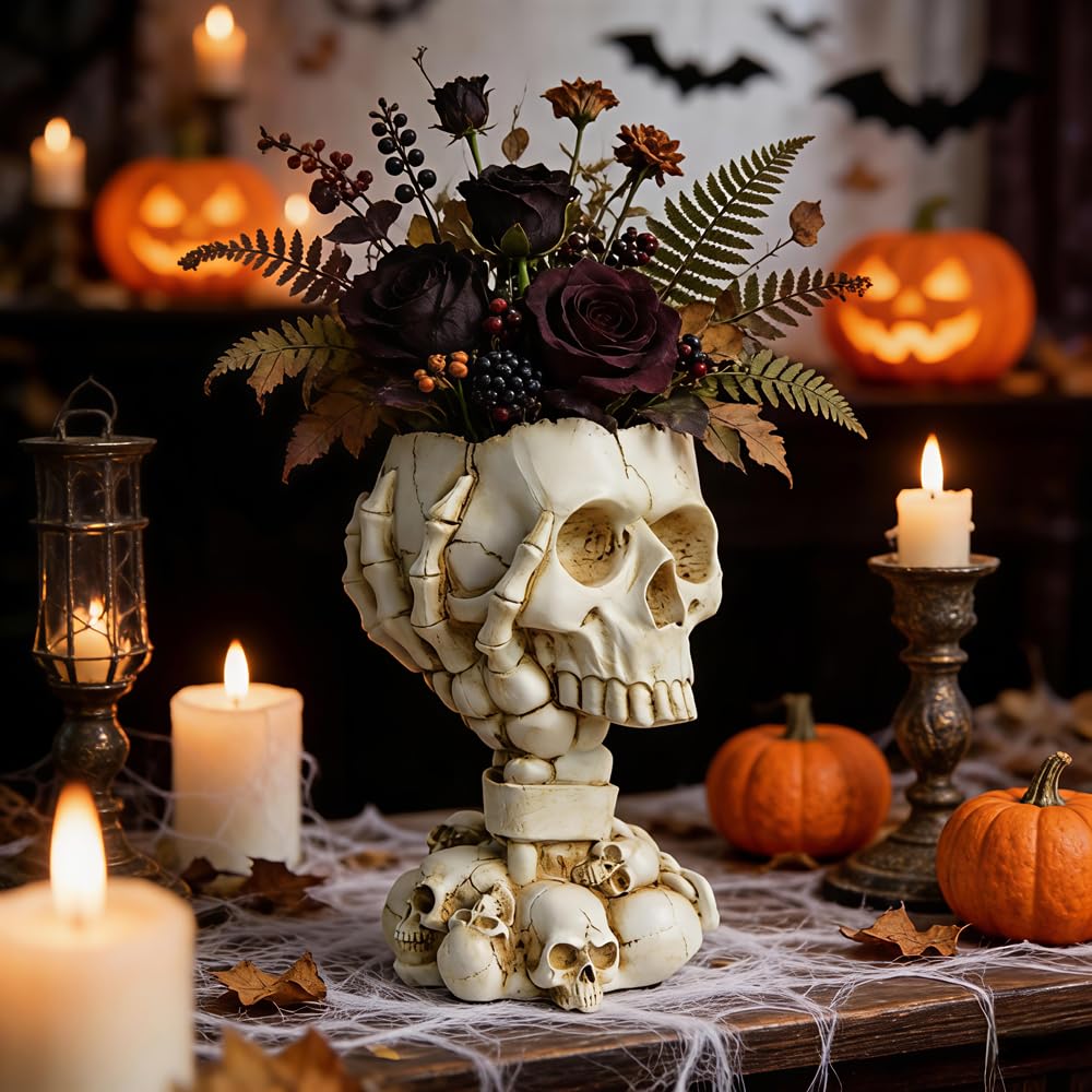 Skull Planter, Goth Flower Pot, Gothic Plant Pots, Succulent Pots with Drainage, Halloween Plant Pot, Tall White Skulls Statue, Funny Desk Home Decor, Cool Figurines Flower Pots Gift for Mother Father