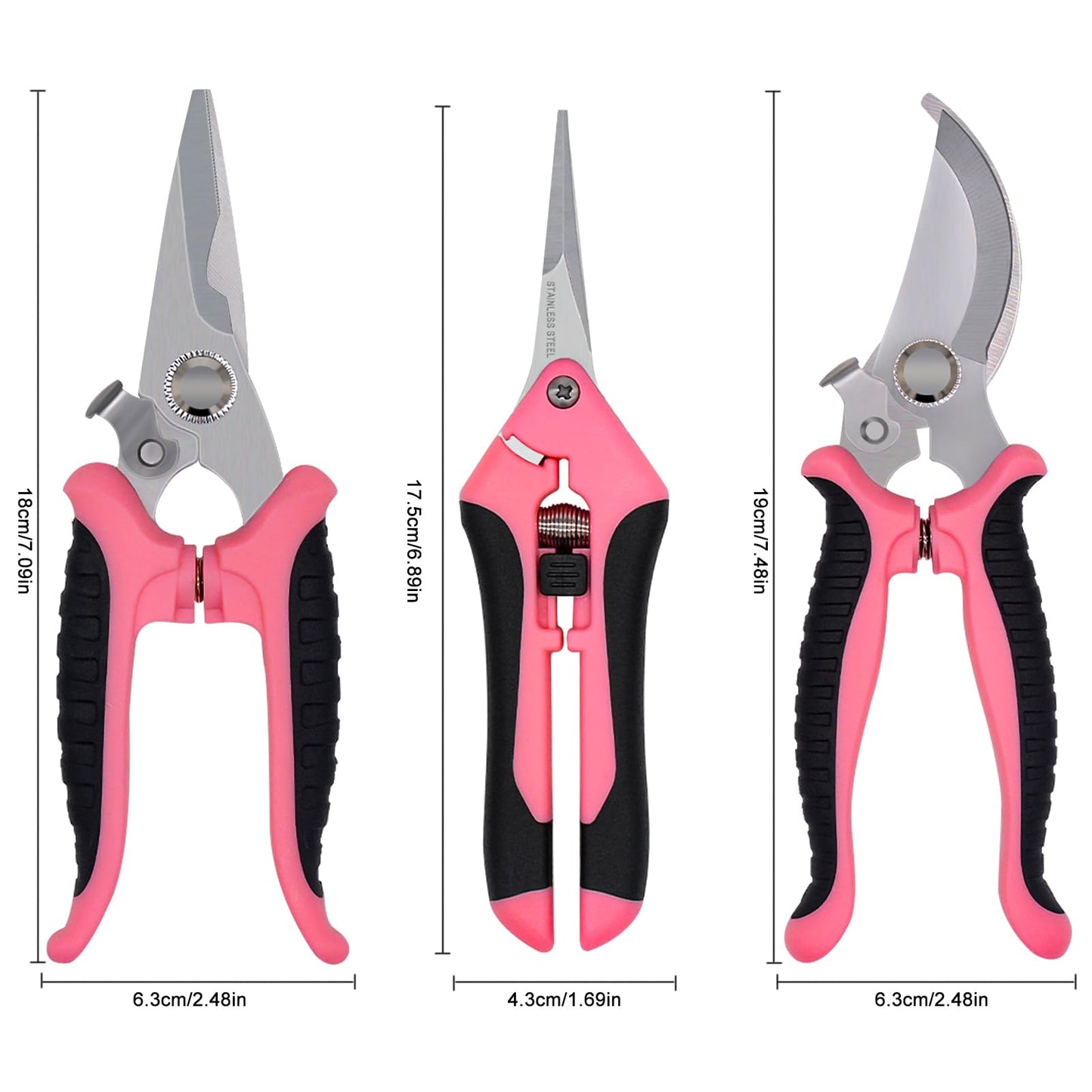 Pruning Shears Gardening Scissors Tools: 3pcs Outdoors&Indoor Garden Clippers, Rose Snips, Plant Clippers, Wood Pruner, Gardener Work Accessories for Flower Arrangement, Yard Landscaping (Pink)
