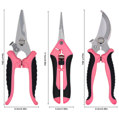 Pruning Shears Gardening Scissors Tools: 3pcs Outdoors&Indoor Garden Clippers, Rose Snips, Plant Clippers, Wood Pruner, Gardener Work Accessories for Flower Arrangement, Yard Landscaping (Pink)