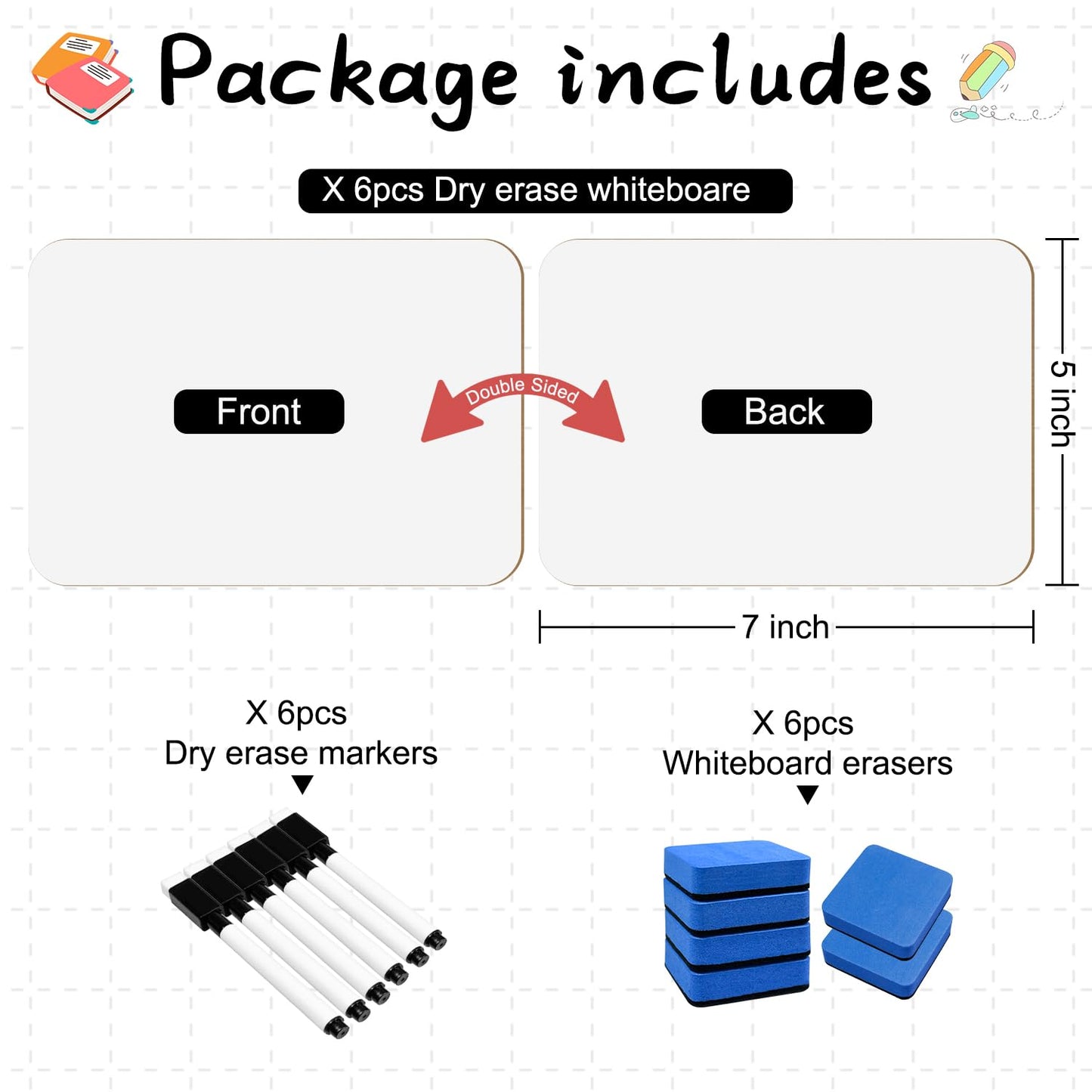 6-Pack Dry Erase Boards 5" x 7" Double-Sided Mini Whiteboard Set – Includes Markers & Erasers – Perfect for Students, Teachers, and Classroom Use