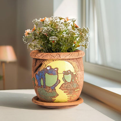 STP GOODS Ceramic Pot with Drainage Hole and Saucer, Plant Pots, Modern Decorative Planters for House Plants Indoor Flowers Plants, Cute Flower Pot - Gifts (Frogs (3 L))