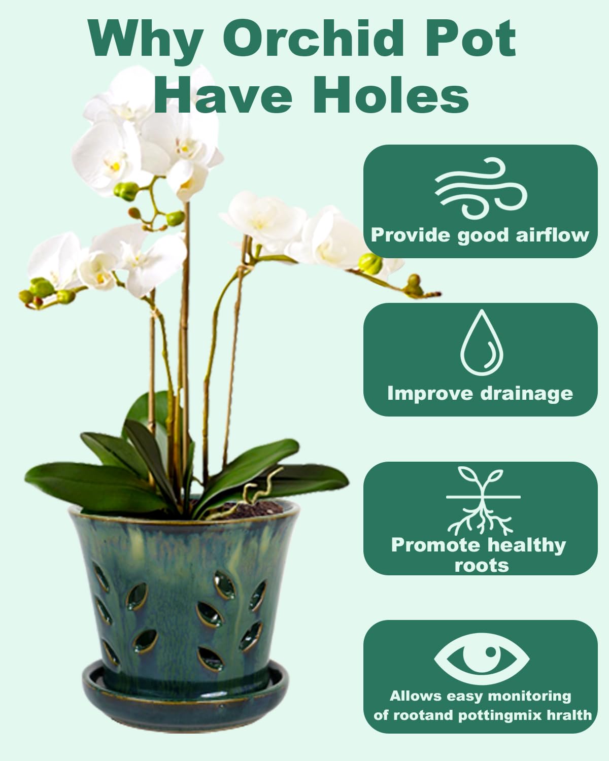 vensovo 5.5 Inch Ceramic Orchid Pot - Orchid Pot with Holes for Repotting, Ceramic Planter with Saucer for Indoor/Outdoor Plants, Green
