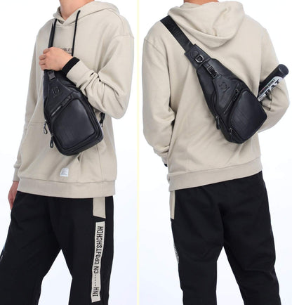 BULLCAPTAIN Leather Men Sling Bag Casual Crossbody Chest Bags Travel Daypack (Black)