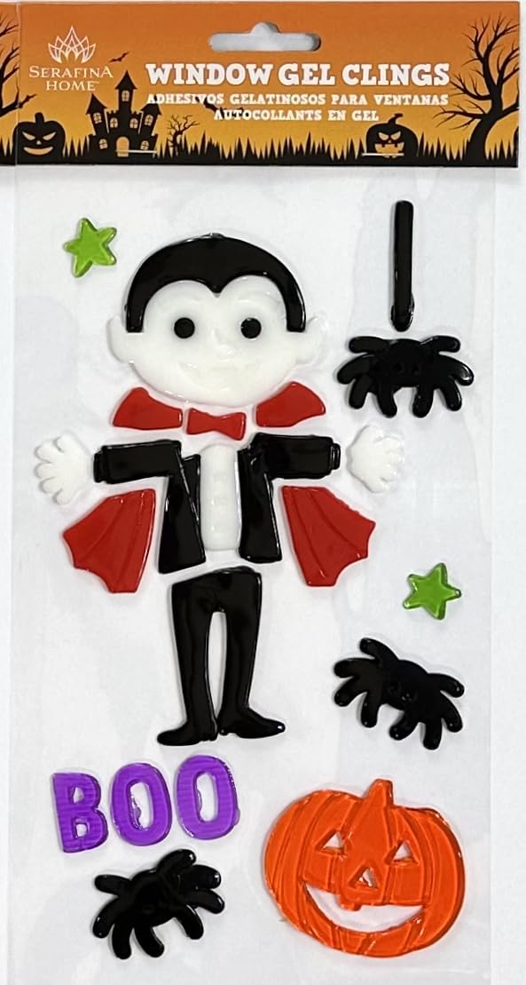 Halloween Gel Cling Stickers for Windows and Mirrors - 6 Sheets of Reusable Spooky Designs: Dracula, Ghosts, Skeletons, Witches, Jack-o-lanterns and More!