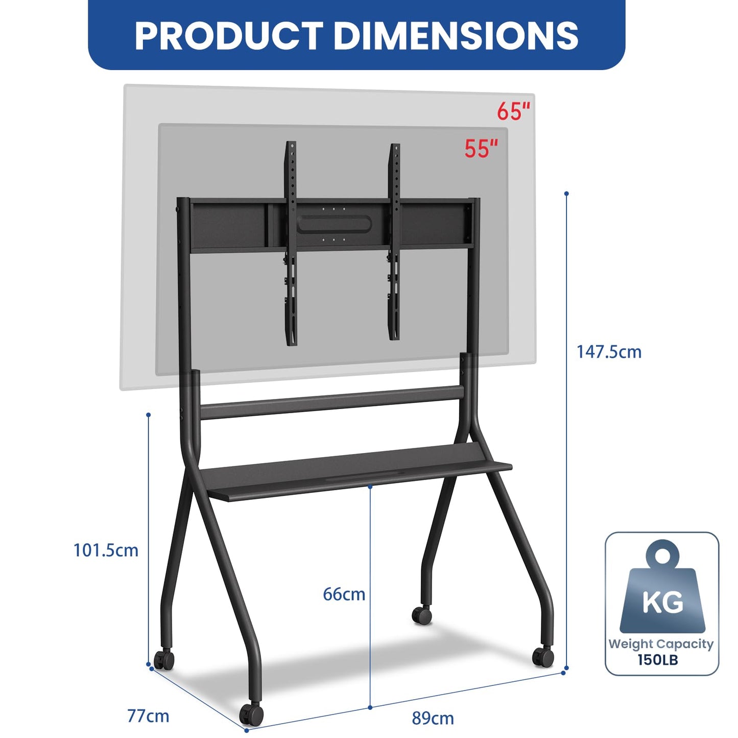 KEINONE 55"- 65" Smart Board Stand for Interactive Whiteboard, Mobile Stand with Four Lockable Wheels, Stable and Easy to Move for Home Office School Classroom, Black