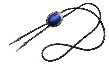 Moranse Bolo Tie with Natural Blue Gem Stone Cowboy Style Genuine Cowhide Rope
