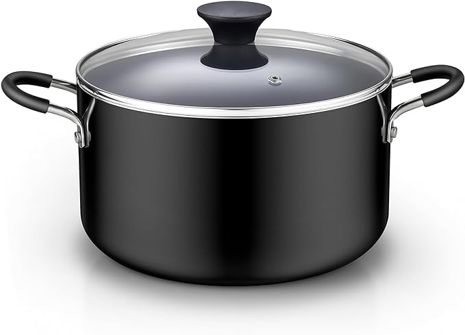 Cook N Home Professional 6 Quart Nonstick Stock Pot with Lid, Riveted Handles, Soup Pot for Holiday Feasts, Stockpot with Even Heating, Induction Cookware, Oven & Dishwasher Safe, Black