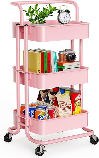 Pipishell 3 Tier Rolling Cart, Metal Utility Cart with Lockable Wheels and Handle, Rolling Storage Cart for Nursery Room, Living Room, Painting Room, Office and Kitchen, Pink