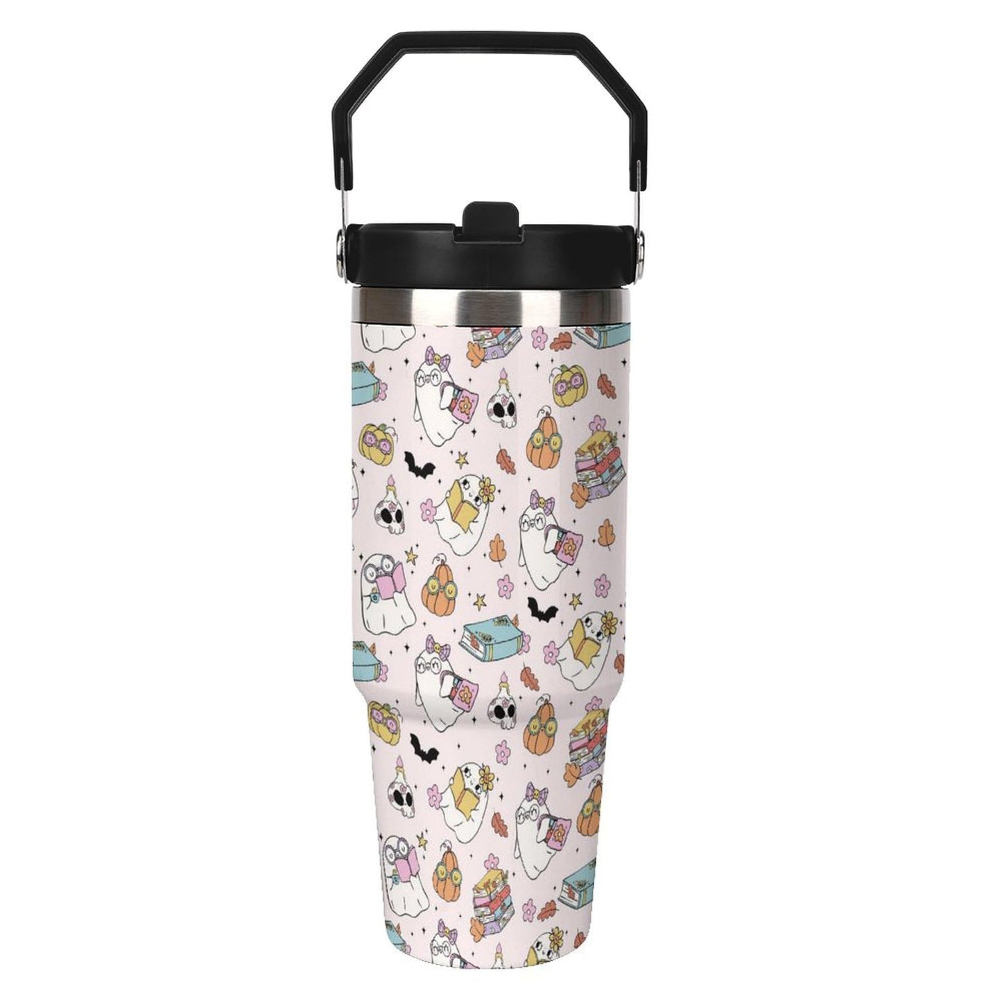 TOUNHEYA Halloween Tumbler with Handle Flip Straw Pink 30oz Insulated Stainless Steel Cup Ghost Reading Book Travel Coffee Mug Water Bottle for Women